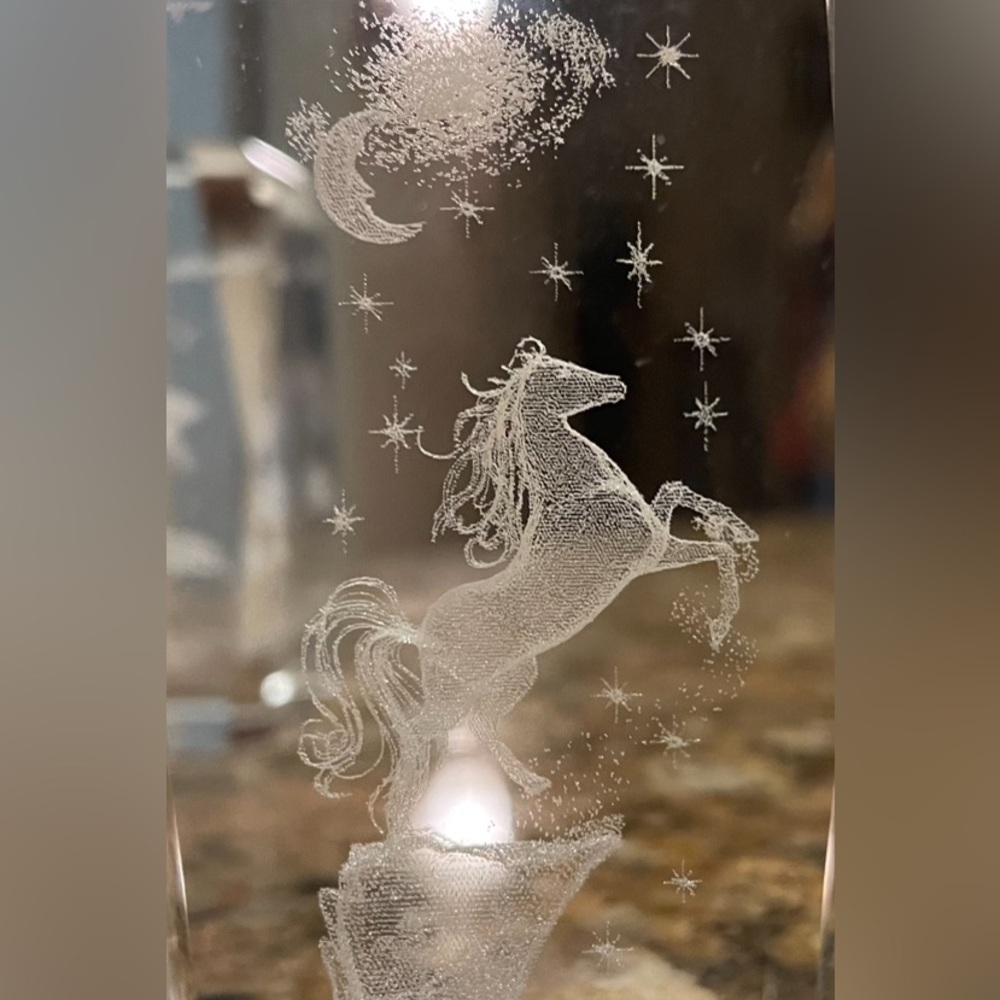 3D Etched Horse Moon & Stars Glass Holographic Paperweight 3” x 2”